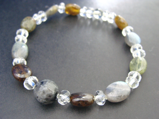 ラルビカイト【ブラックラブラドライト】（グレー・カット・８ｍｍ）精神状態の安定　ラブラドライト（ブルーグレー・オーバル）調和・穏やかな心・記憶　ガーネット（グリーン・オーバル）生命力・エネルギー・活力・努力・抵抗力・色気・根性・気力・独立　アメジスト（グリーン・６ｍｍ）決断力・愛情・集中力・調和・第六感・献身・冷静・覚醒・精神力・豊かな感受性　クォーツ（クリア・ボタンカット・６ｍｍ）健康・能力・明晰・完璧・宇宙的意識・感受性・沈着冷静・豊かな感受性