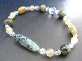 カルセドニー【グリーンアゲート】（モスグリーン・苔模様）長寿・富・健康・家内安全・リラックス効果　ダークカラーカイヤナイト（ダークグリーン・８ｍｍ）潜在能力・創造力を発揮　ガーネット（グリーン・オーバル）生命力・エネルギー・活力・努力・抵抗力・色気・根性・気力・独立　フェルドスパー【ムーンストーン】（オレンジ・６ｍｍ）女性らしさ・感受性・喜び・調和・決断力　クォーツ【アメジスト】（グリーン・カット・４ｍｍ）決断力・愛情・集中力・調和・第六感・献身・冷静・覚醒・精神力・豊かな感受性