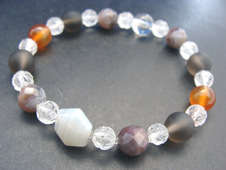 カルセドニー【グレーオニキス】（グレー・縞模様）達成能力・先見の明・開放・社交性・冒険心・自由・自信・思いやり＋カルセドニー【ボツワナアゲート】（ブラウンＭｉｘ・縞模様）喜び・母親・守護・再生・成長・安心＋カルセドニー【カーネリアン】（オレンジ）喜び・リラックス・落ち着き・精神バランス・思慮深さ・復活・勇気・連帯＋スモーキークォーツ（ブラウン・フロスト）リラックス効果・豊かな感受性