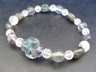 フローライト（グリーン）ひらめき・集中力・直感・愛・学習・理解力・独立＋ガーデンクォーツ（クリア・ブラウン）財運・仕事運・家族運をアップ＋クンツァイト（クリア・ライトピンク）感情・優しさ・寛大・安堵感＋フェルドスパー【ラブラドライト】（ブルーグレー）調和・穏やかな心・記憶＋クォーツ（ロータス（蓮））健康・能力・明晰・完璧・宇宙的意識・感受性・沈着冷静・豊かな感受性