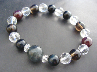 ブルールチルクォーツ（ダークブルー・針入り）冷静な判断力の向上＋タイガーアイ（ブルー・虎目）集中力・健康・社交性・人間関係・直感力・金運＋スターガーネット（ダークワイン）聖なる実行力＋スモーキークォーツ（ブラウン）リラックス効果・豊かな感受性