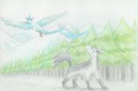 The bird passing over the snow forest