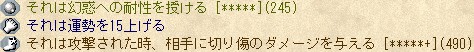 それは幻惑への耐性を授ける [*****] (245) / それは運勢を15上げる / それは攻撃された時、愛艇に切り傷のダメージを与える [*****+] (490)