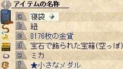 寝袋 / 紐 / 8176枚の金貨 / 宝石で飾られた宝箱(空っぽ) / ミカ / ★小さなメダル